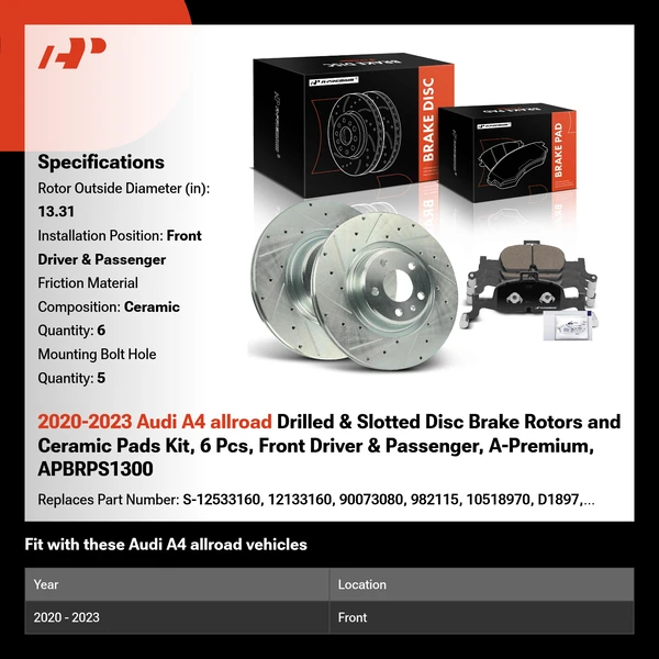 2020-2023 Audi A4 allroad Drilled & Slotted Disc Brake Rotors and Ceramic Pads Kit, 6 Pcs, Front Driver & Passenger, A-Premium, APBRPS1300
