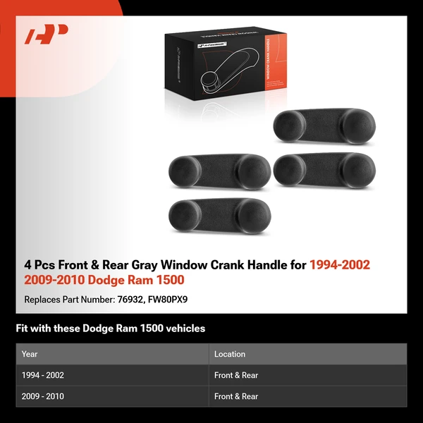 4 Pcs Front & Rear Gray Window Crank Handle for 1994-2002 2009-2010 Dodge Ram 1500
