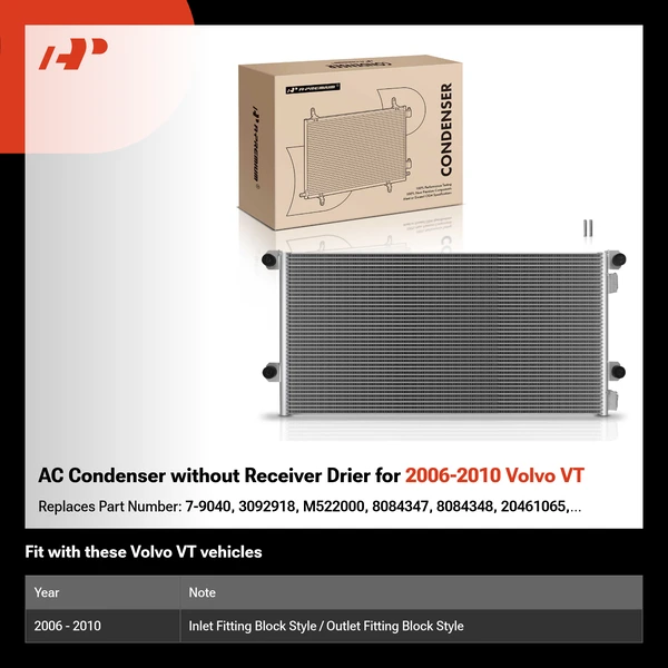 AC Condenser without Receiver Drier for 2006-2010 Volvo VT