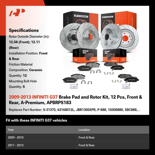 2009-2013 INFINITI G37 Brake Pad and Rotor Kit, 12 Pcs, Front & Rear, A-Premium, APBRPS183