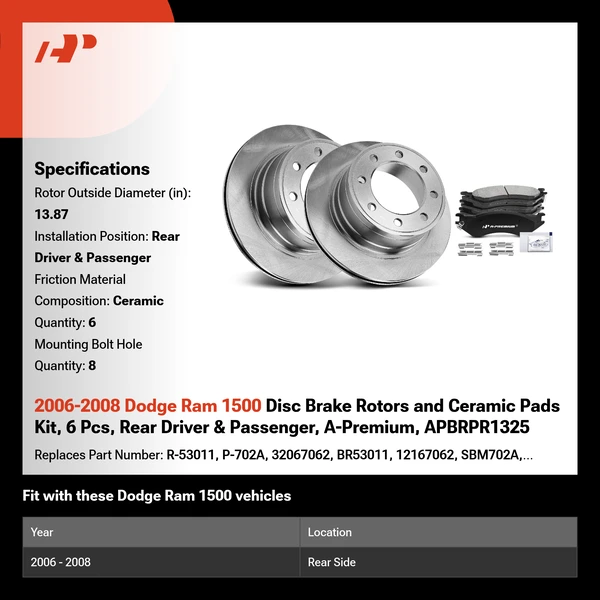 2006-2008 Dodge Ram 1500 Disc Brake Rotors and Ceramic Pads Kit, 6 Pcs, Rear Driver & Passenger, A-Premium, APBRPR1325