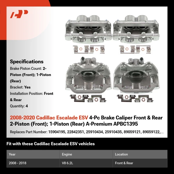 2008-2020 Cadillac Escalade ESV 4-Pc Brake Caliper Front & Rear 2-Piston (Front); 1-Piston (Rear) A-Premium APBC1395