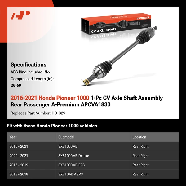 2016-2021 Honda Pioneer 1000 1-Pc CV Axle Shaft Assembly Rear Passenger A-Premium APCVA1830