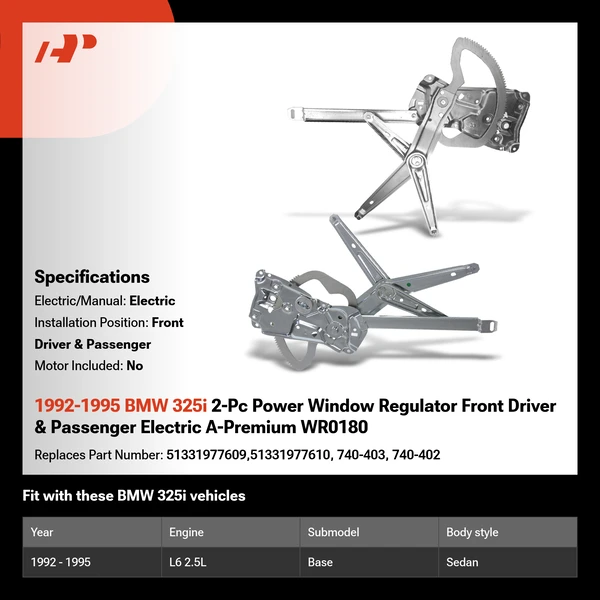 1992-1995 BMW 325i 2-Pc Power Window Regulator Front Driver & Passenger Electric A-Premium WR0180
