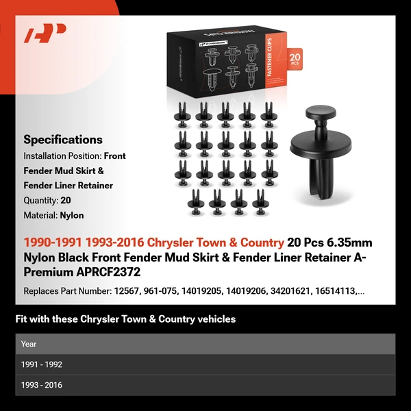 1990-1991 1993-2016 Chrysler Town & Country 20 Pcs 6.35mm Nylon Black Front Fender Mud Skirt & Fender Liner Retainer A-Premium APRCF2372