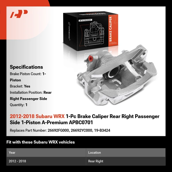 2012-2018 Subaru WRX 1-Pc Brake Caliper Rear Right Passenger Side 1-Piston A-Premium APBC0701