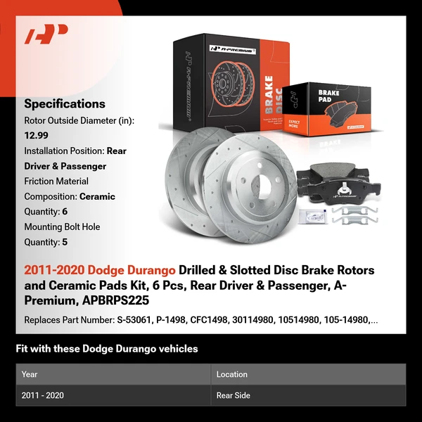 2011-2020 Dodge Durango Drilled & Slotted Disc Brake Rotors and Ceramic Pads Kit, 6 Pcs, Rear Driver & Passenger, A-Premium, APBRPS225