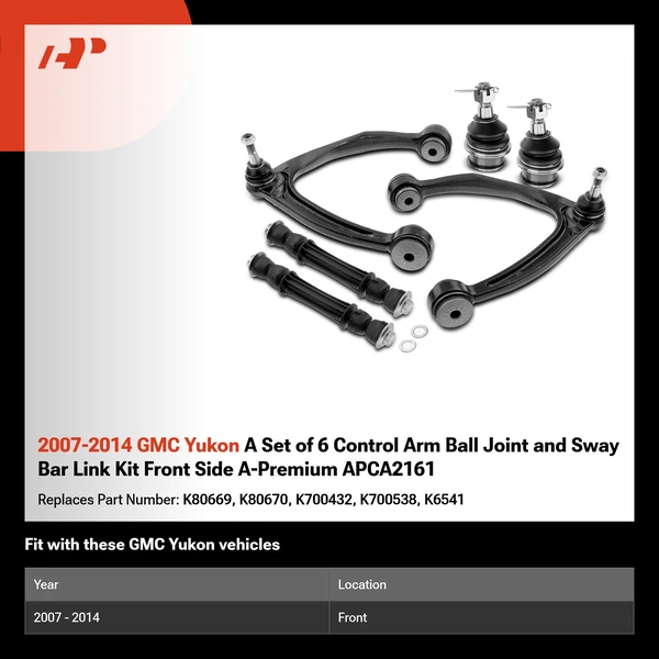 2007-2014 GMC Yukon A Set of 6 Control Arm Ball Joint and Sway Bar Link Kit Front Side A-Premium APCA2161
