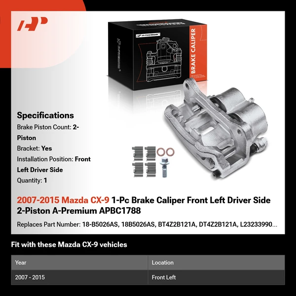 2007-2015 Mazda CX-9 1-Pc Brake Caliper Front Left Driver Side 2-Piston A-Premium APBC1788