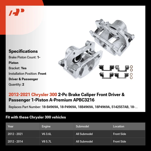 2012-2021 Chrysler 300 2-Pc Brake Caliper Front Driver & Passenger 1-Piston A-Premium APBC3216