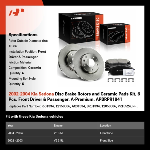 2002-2004 Kia Sedona Disc Brake Rotors and Ceramic Pads Kit, 6 Pcs, Front Driver & Passenger, A-Premium, APBRPR1841