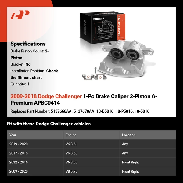 2009-2018 Dodge Challenger 1-Pc Brake Caliper 2-Piston A-Premium APBC0414