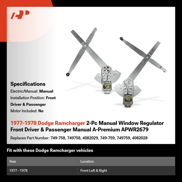 1977-1978 Dodge Ramcharger 2-Pc Manual Window Regulator Front Driver & Passenger Manual A-Premium APWR2679