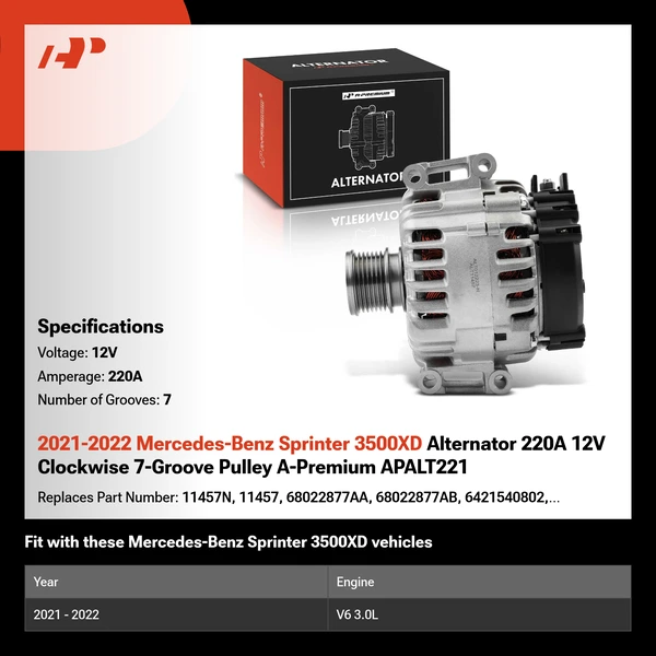 2021-2022 Mercedes-Benz Sprinter 3500XD Alternator 220A 12V Clockwise 7-Groove Pulley A-Premium APALT221