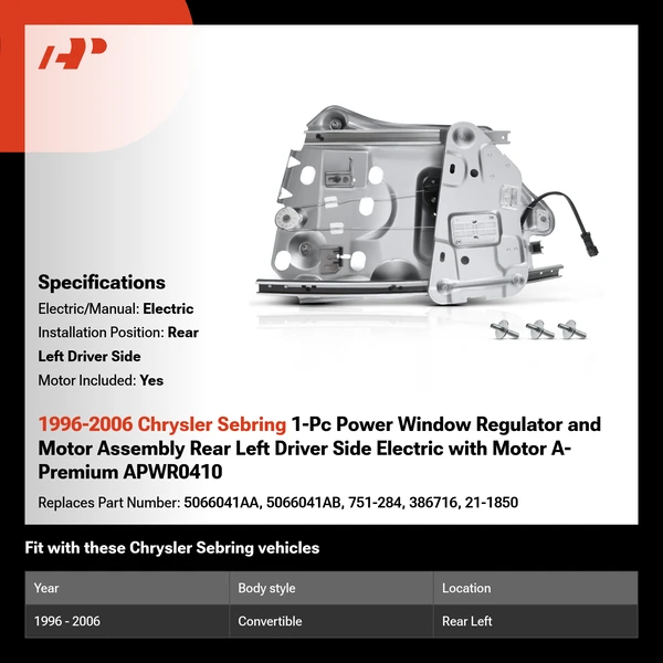 1996-2006 Chrysler Sebring 1-Pc Power Window Regulator and Motor Assembly Rear Left Driver Side Electric with Motor A-Premium APWR0410