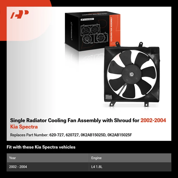 Single Radiator Cooling Fan Assembly with Shroud for 2002-2004 Kia Spectra