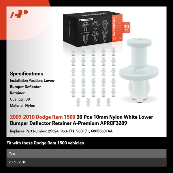 2009-2010 Dodge Ram 1500 30 Pcs 10mm Nylon White Lower Bumper Deflector Retainer A-Premium APRCF3289