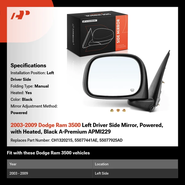 2003-2009 Dodge Ram 3500 Left Driver Side Mirror, Powered, with Heated, Black A-Premium APMI229