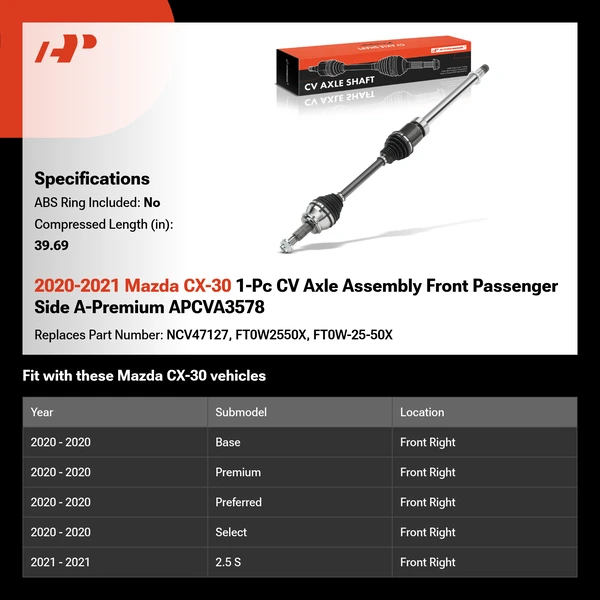 2020-2021 Mazda CX-30 1-Pc CV Axle Assembly Front Passenger Side A-Premium APCVA3578