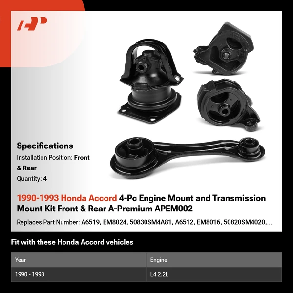 1990-1993 Honda Accord 4-Pc Engine Mount and Transmission Mount Kit Front & Rear A-Premium APEM002