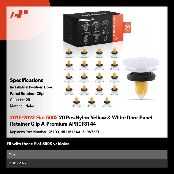 2016-2022 Fiat 500X 20 Pcs Nylon Yellow & White Door Panel Retainer Clip A-Premium APRCF3144