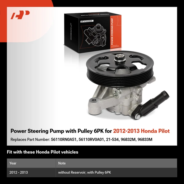 Power Steering Pump with Pulley 6PK for 2012-2013 Honda Pilot
