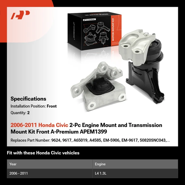 2006-2011 Honda Civic 2-Pc Engine Mount and Transmission Mount Kit Front A-Premium APEM1399