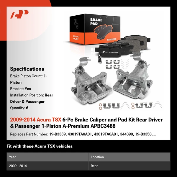 2009-2014 Acura TSX 6-Pc Brake Caliper and Pad Kit Rear Driver & Passenger 1-Piston A-Premium APBC3488