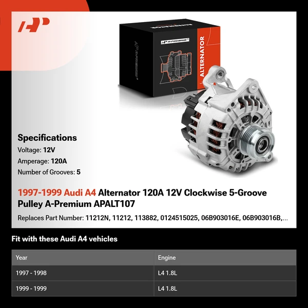 1997-1999 Audi A4 Alternator 120A 12V Clockwise 5-Groove Pulley A-Premium APALT107