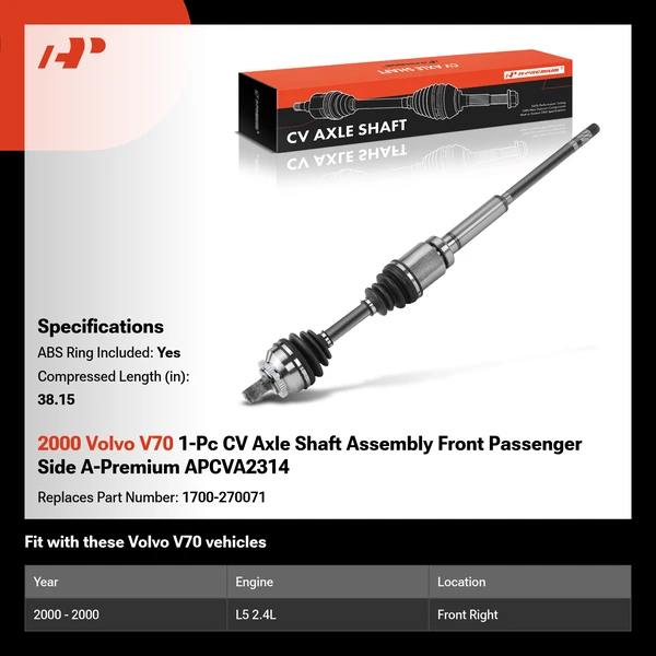 2000 Volvo V70 1-Pc CV Axle Shaft Assembly Front Passenger Side A-Premium APCVA2314