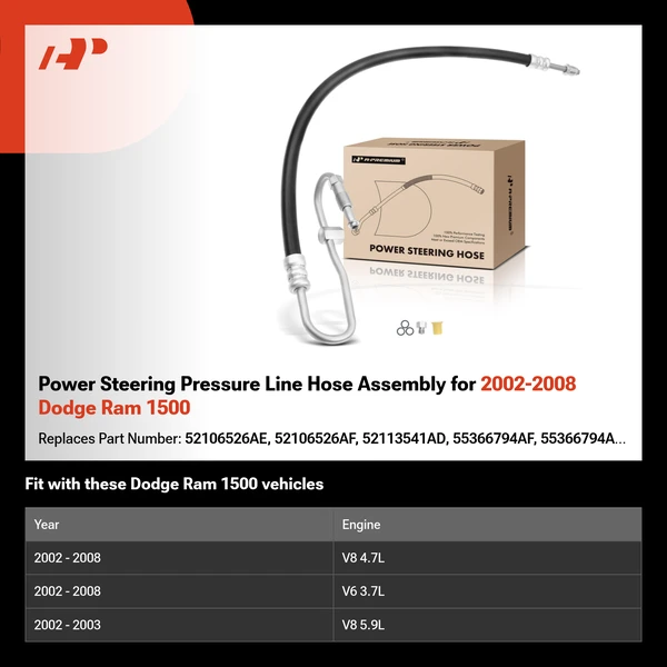 Power Steering Pressure Line Hose Assembly for 2002-2008 Dodge Ram 1500