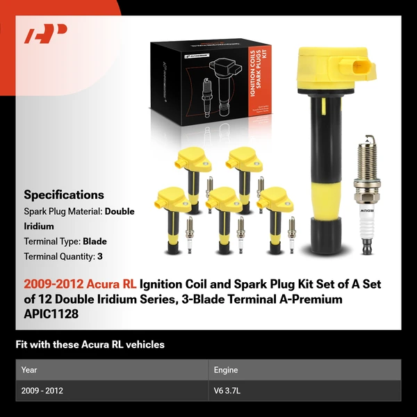 2009-2012 Acura RL Ignition Coil and Spark Plug Kit Set of 12 Double Iridium Series, 3-Blade Terminal A-Premium APIC1128