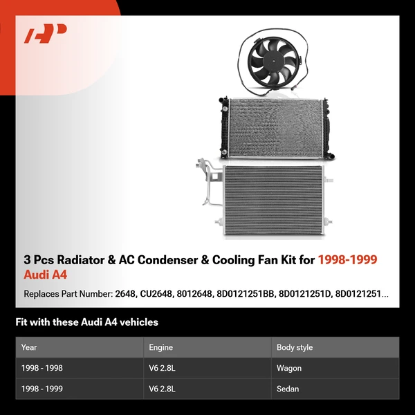 3 Pcs Radiator & AC Condenser & Cooling Fan Kit for 1998-1999 Audi A4
