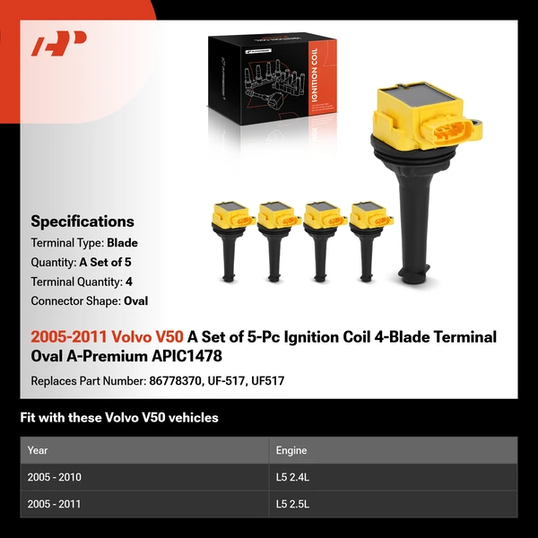 2005-2011 Volvo V50 A Set of 5-Pc Ignition Coil 4-Blade Terminal Oval A-Premium APIC1478