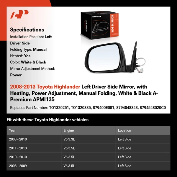 2008-2013 Toyota Highlander Left Driver Side Mirror, with Heating, Power Adjustment, Manual Folding, White & Black A-Premium APMI135