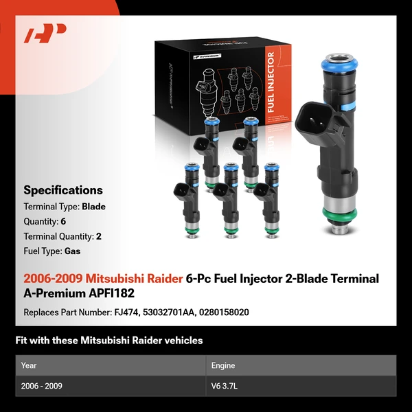 2006-2009 Mitsubishi Raider 6-Pc Fuel Injector 2-Blade Terminal A-Premium APFI182