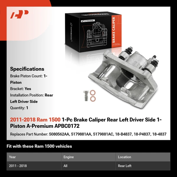 2011-2018 Ram 1500 1-Pc Brake Caliper Rear Left Driver Side 1-Piston A-Premium APBC0172