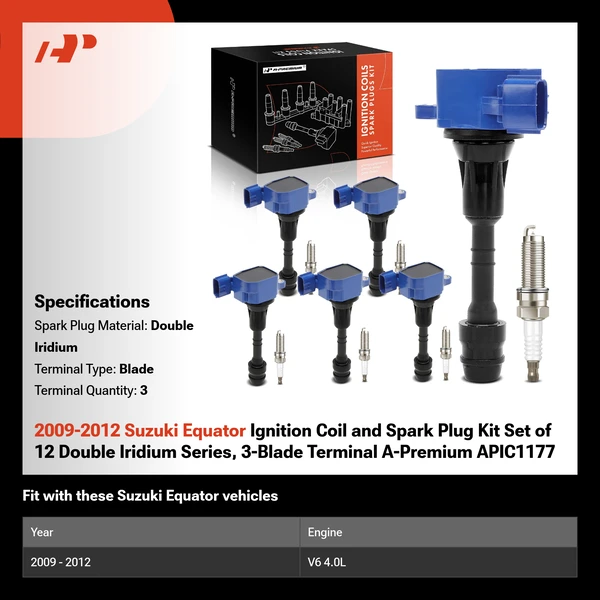 2009-2012 Suzuki Equator Ignition Coil and Spark Plug Kit Set of 12 Double Iridium Series, 3-Blade Terminal A-Premium APIC1177