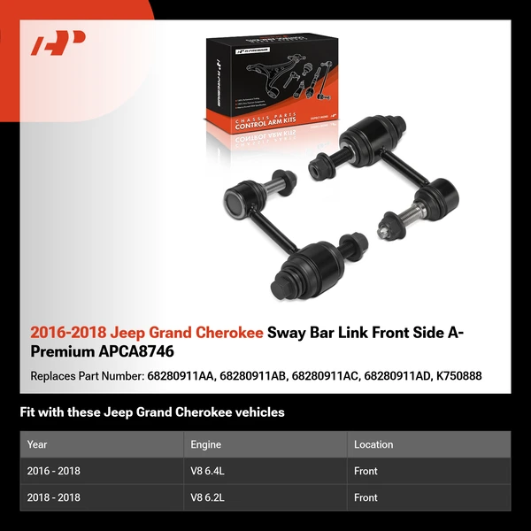 2016-2018 Jeep Grand Cherokee Sway Bar Link Front Side A-Premium APCA8746