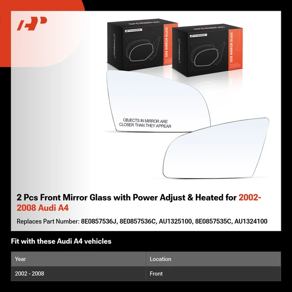 2 Pcs Front Mirror Glass with Power Adjust & Heated for 2002-2008 Audi A4