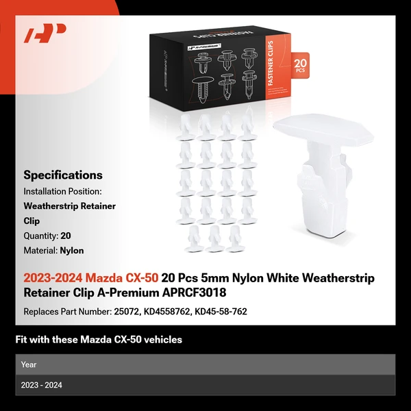 2023-2024 Mazda CX-50 20 Pcs 5mm Nylon White Weatherstrip Retainer Clip A-Premium APRCF3018