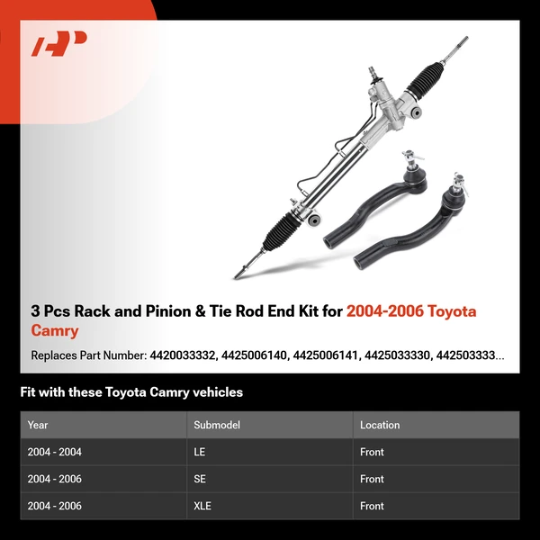 3 Pcs Rack and Pinion & Tie Rod End Kit for 2004-2006 Toyota Camry