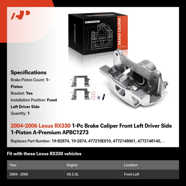 2004-2006 Lexus RX330 1-Pc Brake Caliper Front Left Driver Side 1-Piston A-Premium APBC1273