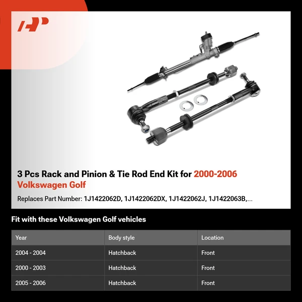 3 Pcs Rack and Pinion & Tie Rod End Kit for 2000-2006 Volkswagen Golf