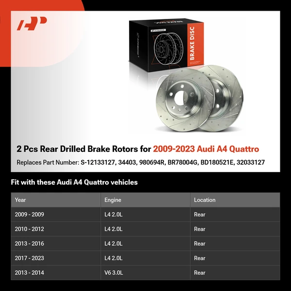2 Pcs Rear Drilled Brake Rotors for 2009-2023 Audi A4 Quattro