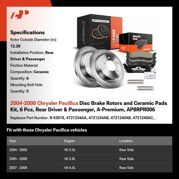 2004-2008 Chrysler Pacifica Disc Brake Rotors and Ceramic Pads Kit, 6 Pcs, Rear Driver & Passenger, A-Premium, APBRPR006