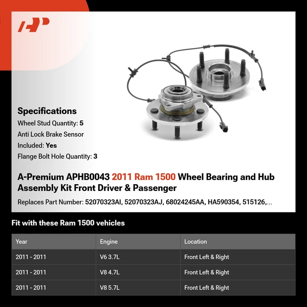 A-Premium APHB0043 2011 Ram 1500 Wheel Bearing and Hub Assembly Kit Front Driver & Passenger