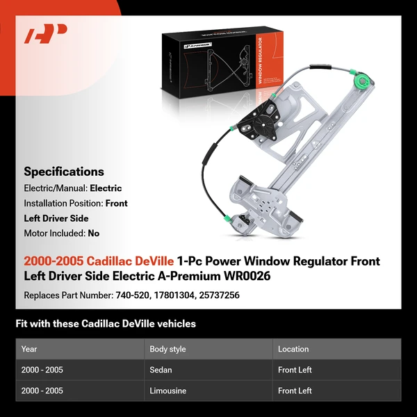 2000-2005 Cadillac DeVille 1-Pc Power Window Regulator Front Left Driver Side Electric A-Premium WR0026