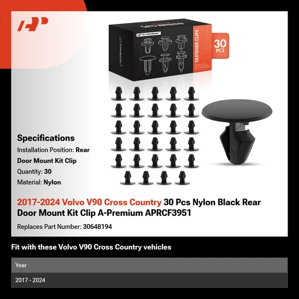 2017-2024 Volvo V90 Cross Country 30 Pcs Nylon Black Rear Door Mount Kit Clip A-Premium APRCF3951