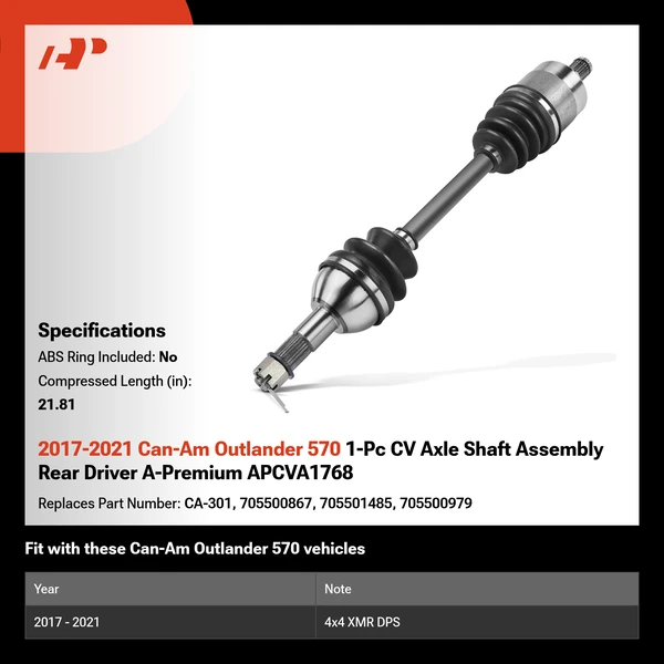 2017-2021 Can-Am Outlander 570 1-Pc CV Axle Shaft Assembly Rear Driver A-Premium APCVA1768